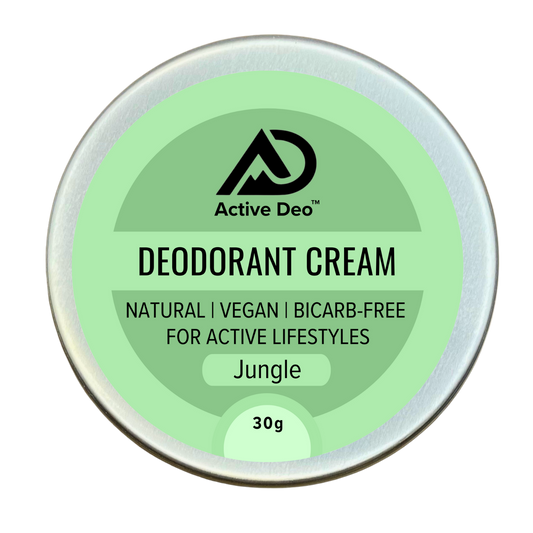 Active Deo cream tin. Natural, vegan, bicarb-free. For active lifestyles. Scent jungle, a light botanical aroma.