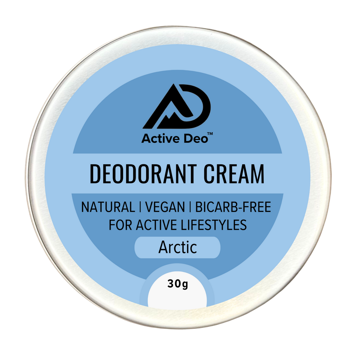 Active Deo cream tin. Natural, vegan, bicarb-free. For active lifestyles. Scent arctic, a light cool lavender and menthol scent.