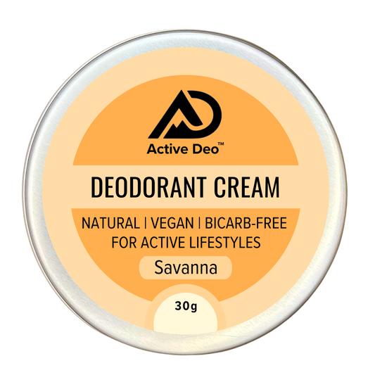 Active Deo cream tin. Natural, vegan, bicarb-free. For active lifestyles. Scent savanna, a light citrus scent.