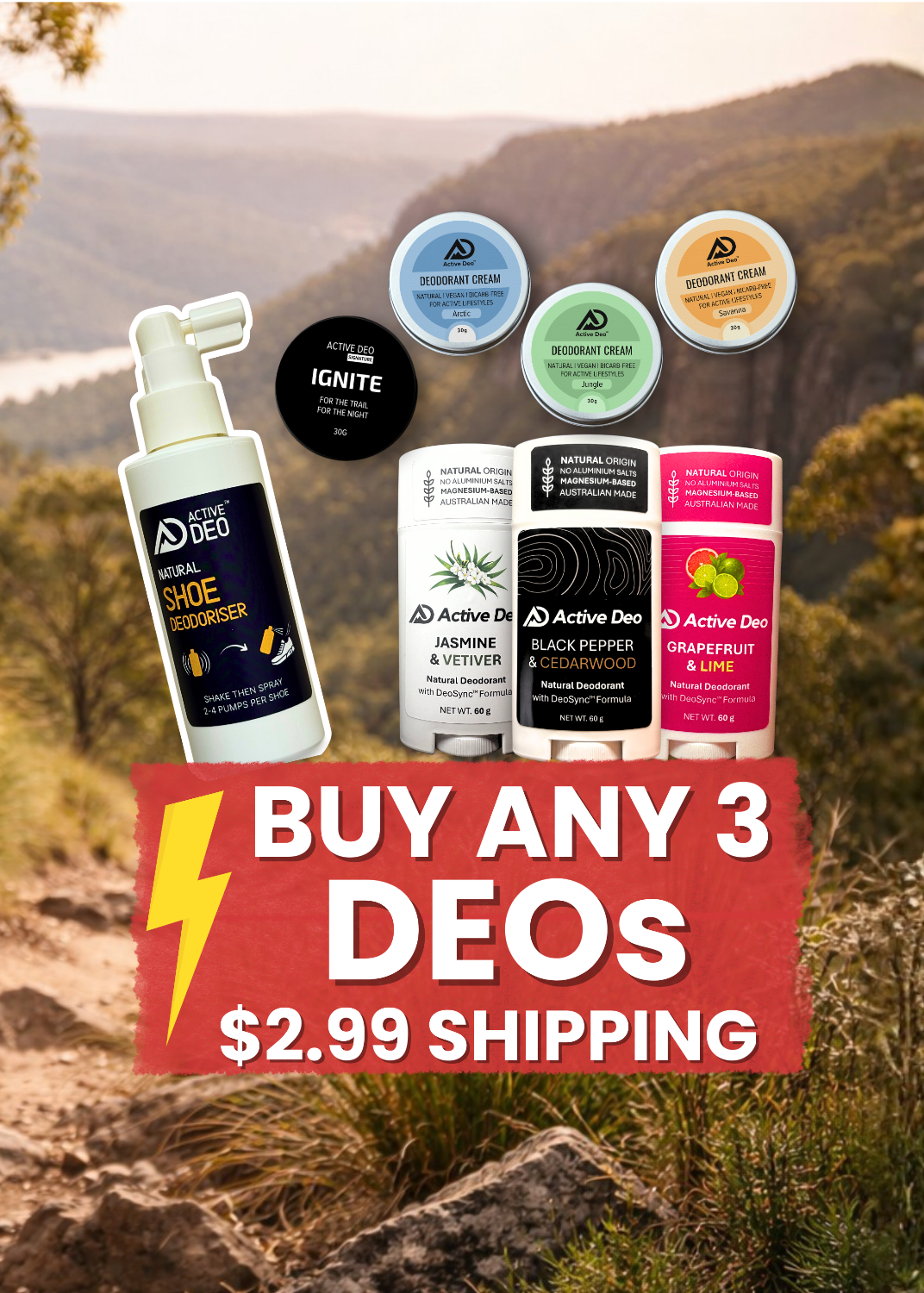Collection of deodorant products with a scenic background